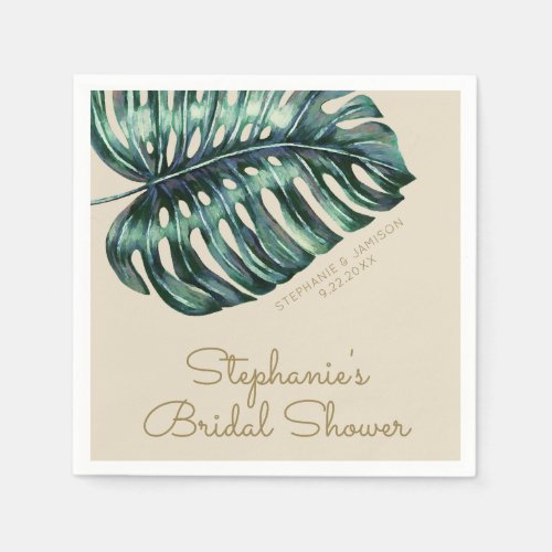 Lush Tropical Green and Tan Monstera Palm Leaf Napkins