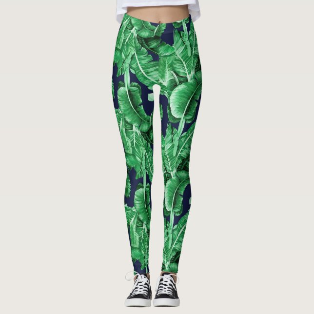 Lush Tropical Green Leaves Pattern Leggings (Front)