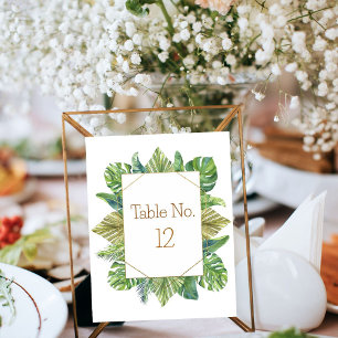 Lush Tropical Green Leaves Wedding Table Number 