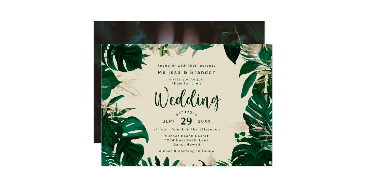 Lush Tropical Greenery And Gold Horizontal Wedding Invitation