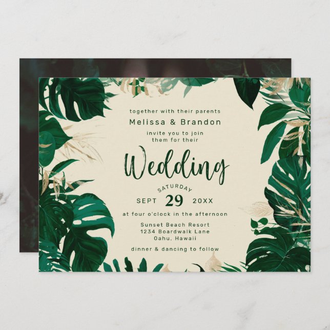 Lush Tropical Greenery and Gold Horizontal Wedding Invitation (Front/Back)