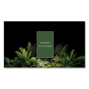Lush Tropical Greenery Black Gold Frame Botanical Business Card Magnet