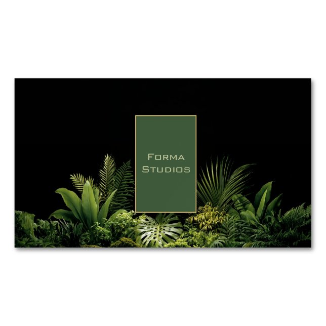 Lush Tropical Greenery Black Gold Frame Botanical Business Card Magnet (Front)
