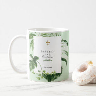 Lush Tropical Greenery Gold Cross Boy Baptism Coffee Mug