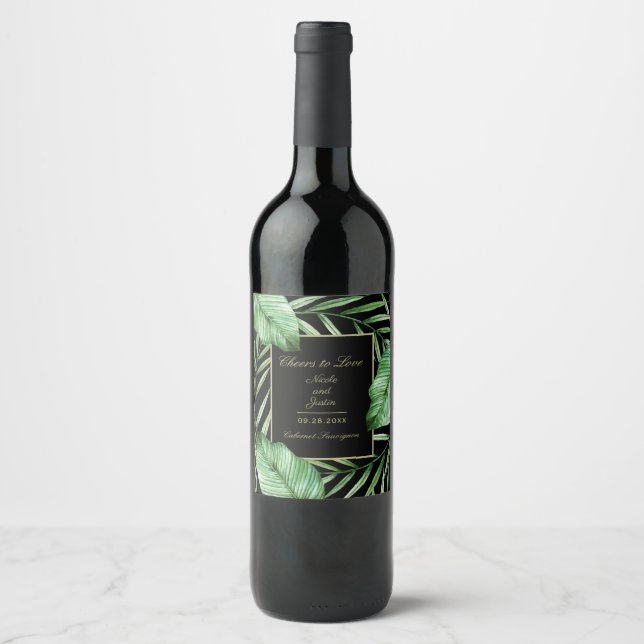Lush Tropical Greenery Wedding or Engagement Wine Label (Front)