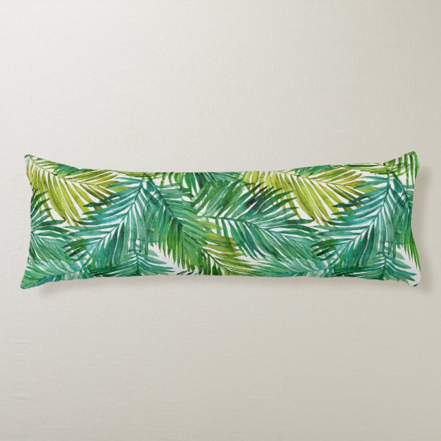 Lush Tropical Island Green Palm Leaf Watercolor  Body Pillow (Front)
