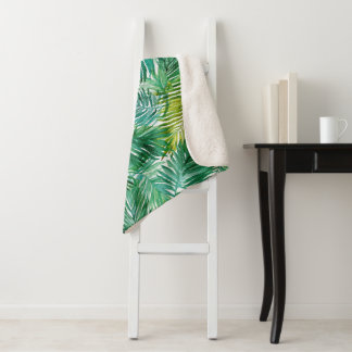 Lush Tropical Island Green Palm Leaf Watercolor Sherpa Blanket