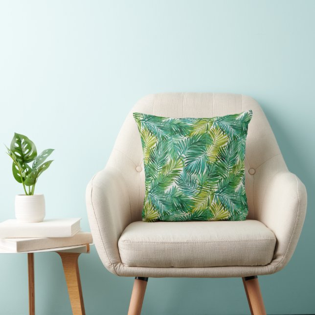Lush Tropical Island Green Palm Leaf Watercolor  Throw Pillow (Chair)