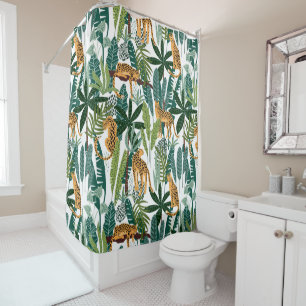 Lush tropical jungle and lions pattern shower curtain