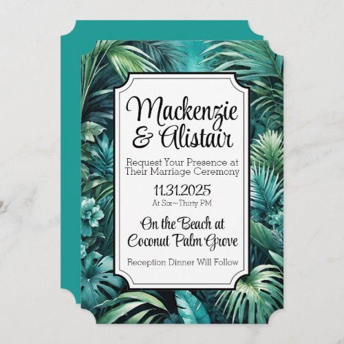 Lush Tropical Jungle Greenery Beach Wedding Invitation
