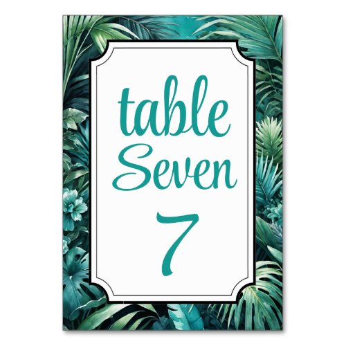 Lush Tropical Jungle Greenery Beach Wedding Table Number