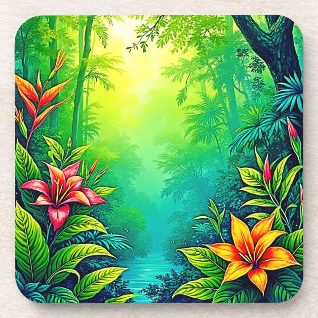Lush Tropical Jungle Oasis Design Beverage Coaster (Front)