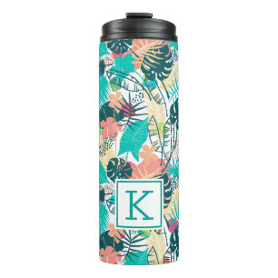 Lush tropical leaves collage monogram thermal tumbler
