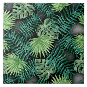 Lush tropical leaves, forest green, ceramic tile