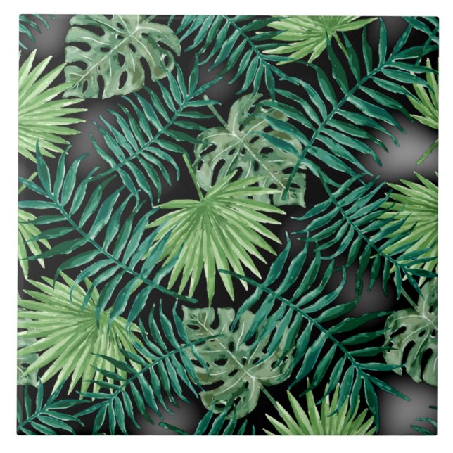 Lush tropical leaves, forest green,  ceramic tile (Front)
