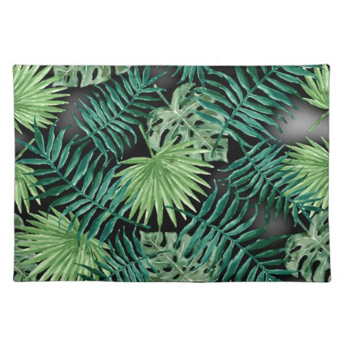 Lush tropical leaves in forest green cloth placemat