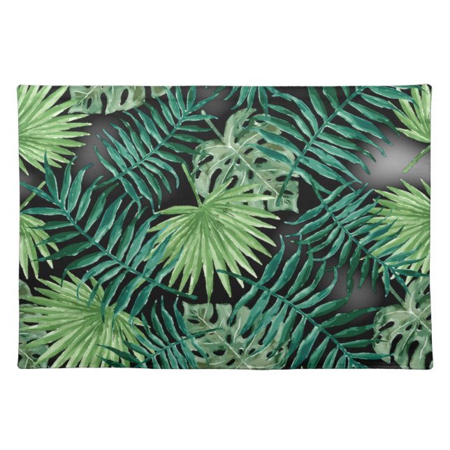 Lush tropical leaves in forest green cloth placemat (Front)