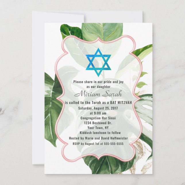 Lush Tropical Leaves Star of David Bat Mitzvah Invitation (Front)