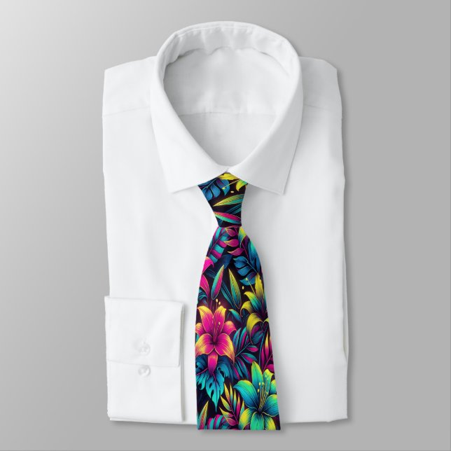 Lush Tropical Neon Flowers in Full Bloom Neck Tie (Tied)