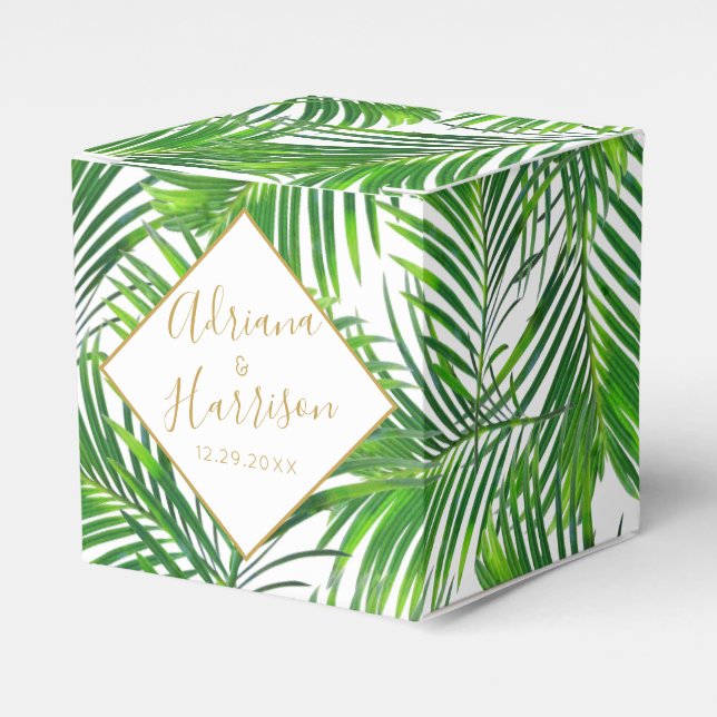Lush tropical palm leaves greenery favor boxes (Front Side)