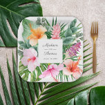 Lush Tropical Watercolor Floral with Names Paper Plates<br><div class="desc">A beautifully lush tropical watercolor wedding design with colorful floral elements including hibiscus blooms, ginger flowers and a variety of tropical foliage. The looks is vibrant and alive and sets the tone for your wedding, or other celebration in aloha style. Personalize the easy-to-use text template with your details. These paper...</div>