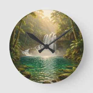 Lush Tropical Waterfall Jungle Paradise Round Clock