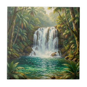 Lush Tropical Waterfall Oasis Ceramic Tile