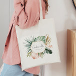 Lush Tropics Bridesmaid Bachelorette Tote Bag<br><div class="desc">The Lush Tropics Collection, a beautiful and modern collection that features hand-painted tropical greenery, including watercolor monstera and palm leaves. The color palette is absolutely stunning, with lush greens, delicate blush, and elegant gold that creates a perfect tropical summer vibe. Each element is delicately painted with watercolors, adding a beautiful...</div>