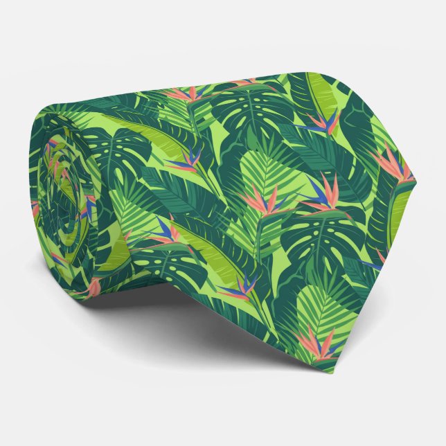 Lush Vibrant Tropical Leaf Monstera and Palm Neck Tie (Rolled)