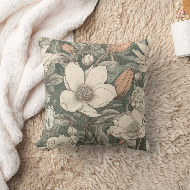 Lush Vintage Magnolia Floral Botanical Throw Pillow (Blanket)