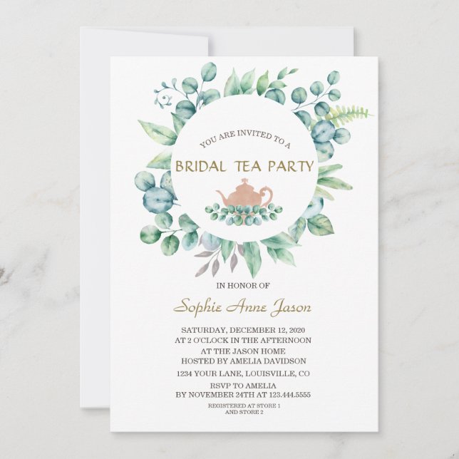 Lush Watercolor Eucalyptus Bridal Tea Party Invitation (Front)