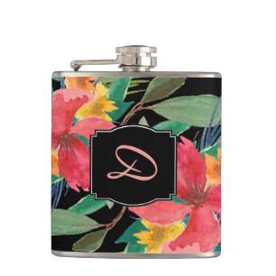 Lush Watercolor Floral Monogram Flask