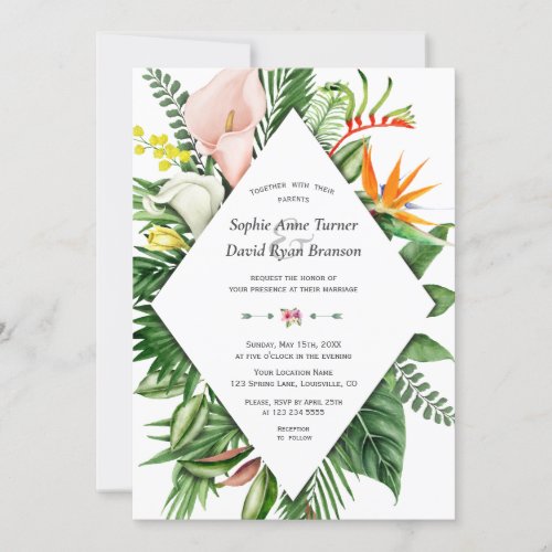 Lush Watercolor Tropical Flowers Leaves Wedding Invitation