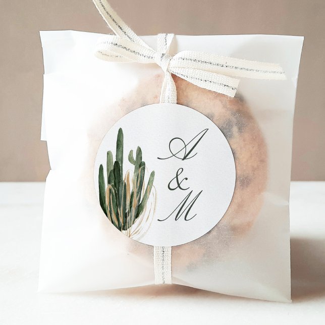 Lush Watercolour Desert Cactus Monogram Classic Round Sticker (Creator Uploaded)