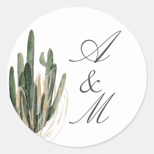 Lush Watercolour Desert Cactus Monogram Classic Round Sticker