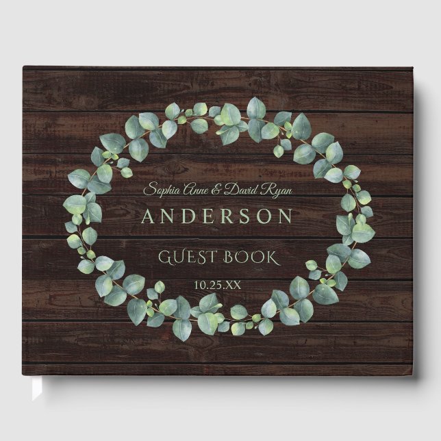 Lush Watercolour Eucalyptus Wreath Wedding Guest Book (Front)
