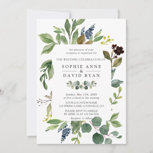 Lush Watercolour Greenery Geometric Frame Wedding Invitation (Front)