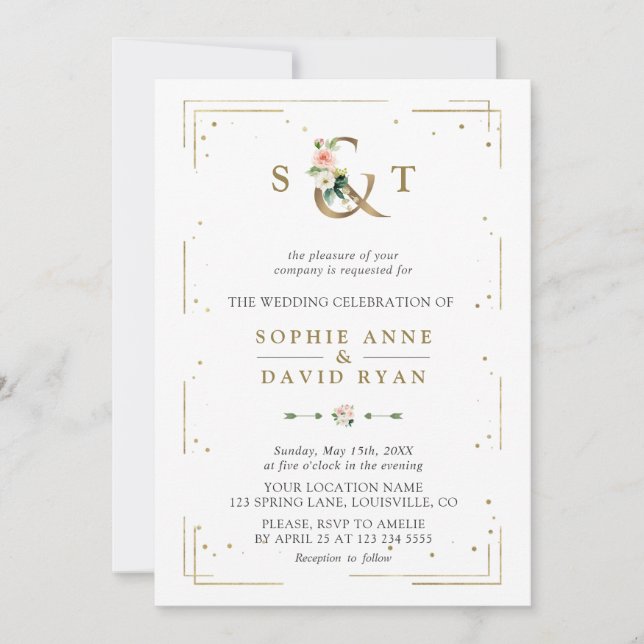 Lush Watercolour Greenery Geometric Wedding Invitation (Front)