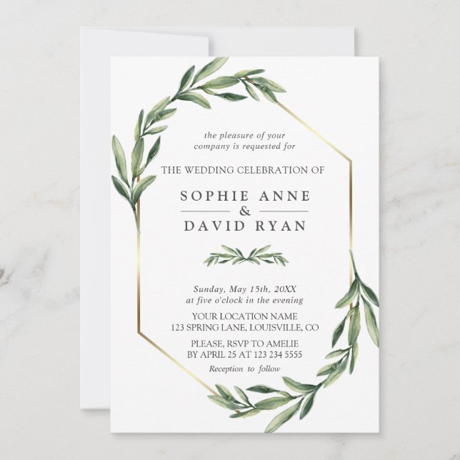 Lush Watercolour Greenery Geometric Wedding Invitation (Front)