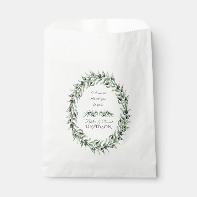 Lush Watercolour Olive Branches Wreath Wedding Favor Bag (Front)