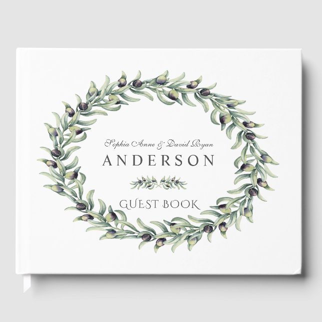 Lush Watercolour Olive Branches Wreath Wedding Guest Book (Front)
