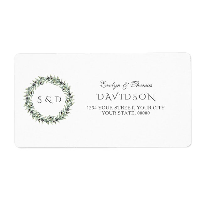 Lush Watercolour Olive Branches Wreath Wedding Label (Front)