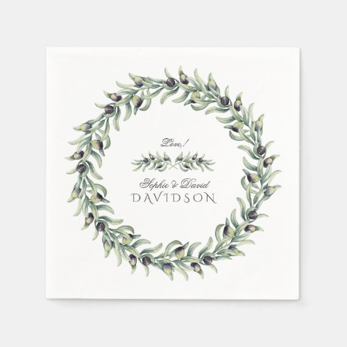 Lush Watercolour Olive Branches Wreath Wedding Napkins