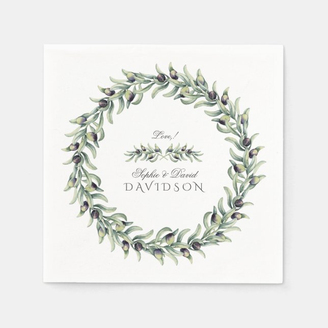 Lush Watercolour Olive Branches Wreath Wedding Napkins (Front)