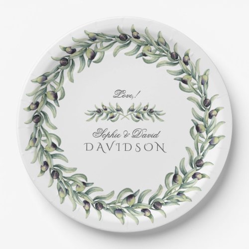 Lush Watercolour Olive Branches Wreath Wedding Paper Plate