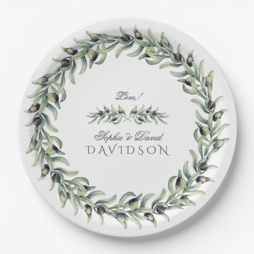 Lush Watercolour Olive Branches Wreath Wedding Paper Plates