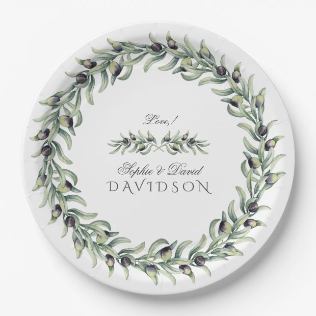 Lush Watercolour Olive Branches Wreath Wedding Paper Plates (Front)