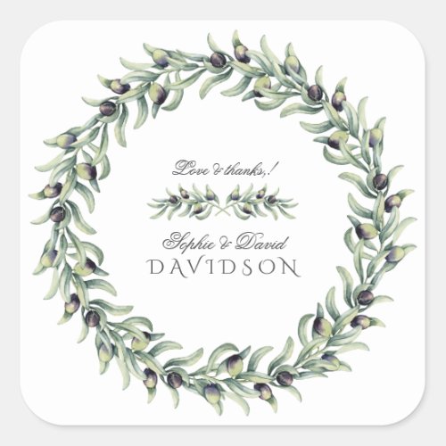 Lush Watercolour Olive Branches Wreath Wedding Square Sticker