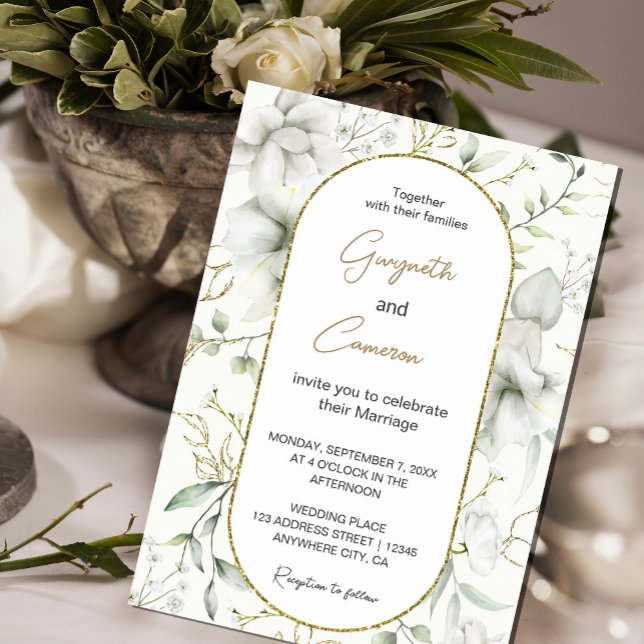 Lush White Flowers and Gold Leaves Invitation (An elegant invitation that combines the simplicity of white flowers with the allure of gold. #leaves)