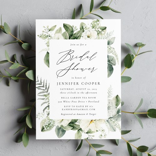 Lush White Flowers and Greenery Bridal Shower Invitation
